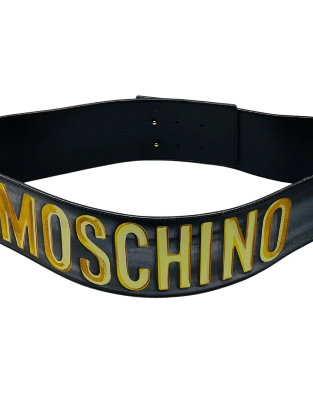 MOSCHINO BLACK / GOLD LOGO GRAPHIC PAINTED GENUINE LEATHER WIDE BELT